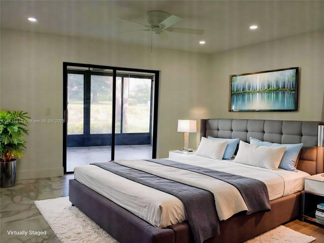6128 N Kings Gate Cir, Delray Beach, FL 33484 - bedroom with access to outside, recessed lighting, marble finish floors, and ceiling fan