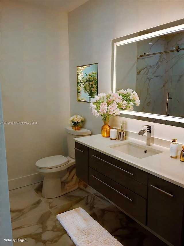 6128 N Kings Gate Cir, Delray Beach, FL 33484 - full bath featuring vanity, a marble finish shower, and marble look tile flooring