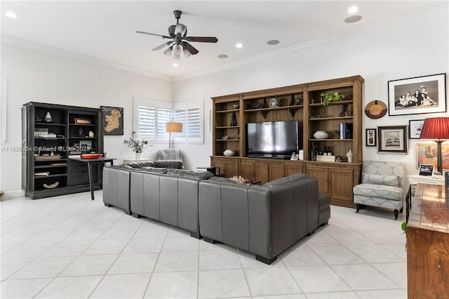 12530 SW 96th Ct, Miami, FL 33176 - living area with a ceiling fan, crown molding, light tile patterned flooring, and recessed lighting
