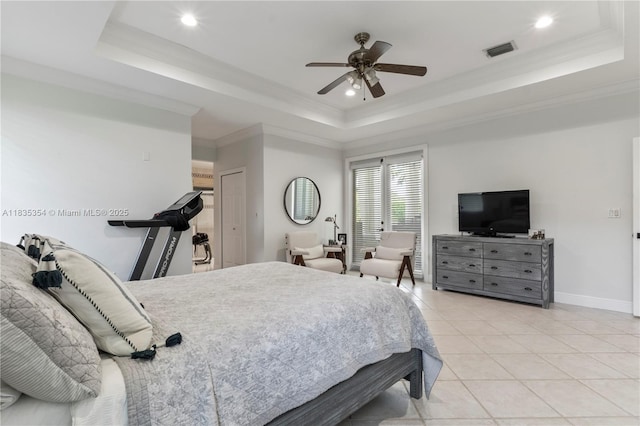 12530 SW 96th Ct, Miami, FL 33176 - bedroom with a tray ceiling, light tile patterned floors, crown molding, recessed lighting, and a ceiling fan