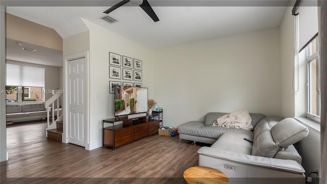 15107 NW 8th St, Pembroke Pines, FL 33028 - living area with a ceiling fan and wood finished floors