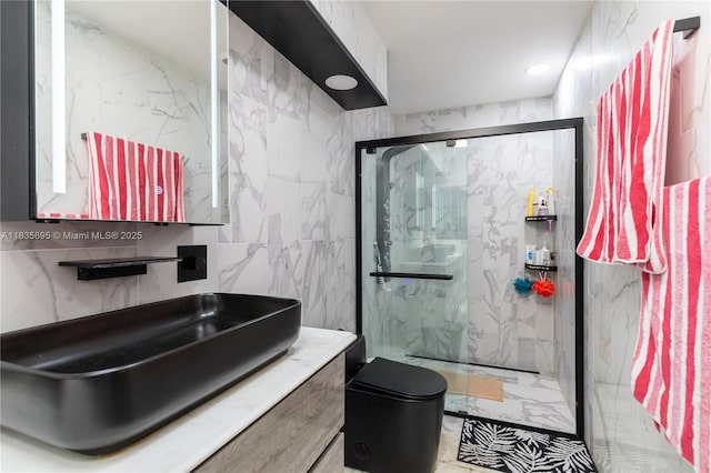 5712 White Hickory Cir, Tamarac, FL 33319 - full bathroom with tile walls, vanity, a marble finish shower, and marble finish floors