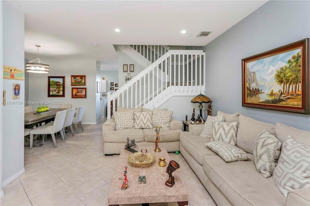 12548 SW 126th Ave, Miami, FL 33186 - living room featuring light tile patterned floors, a chandelier, stairs, and recessed lighting