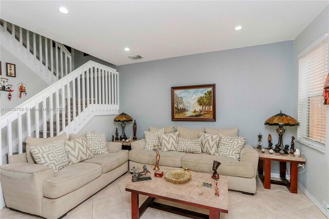 12548 SW 126th Ave, Miami, FL 33186 - living area featuring light tile patterned floors, stairway, and recessed lighting