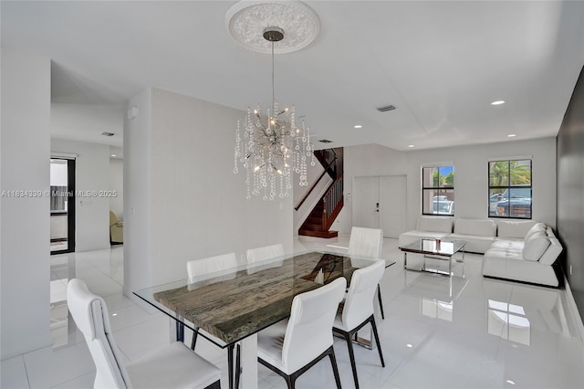 1007 NW 99th Ct, Miami, FL 33172 - dining area with stairs, light tile patterned floors, a chandelier, and recessed lighting