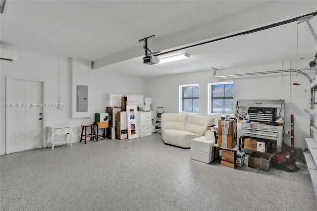 1007 NW 99th Ct, Miami, FL 33172 - garage with electric panel, a garage door opener, and a wall unit AC