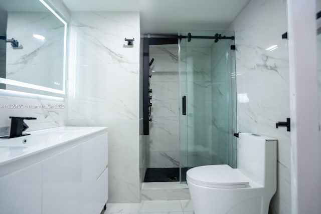 2780 N Pine Island Rd Unit 211, Sunrise, FL 33322 - bathroom with marble finish floors, vanity, a marble finish shower, and tile walls
