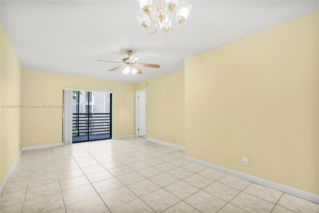 10332 Sunrise Lakes Blvd Unit 206, Sunrise, FL 33322 - spare room featuring light tile patterned flooring, a chandelier, and a ceiling fan