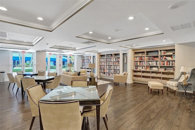 6051 N Ocean Dr Unit 404, Hollywood, FL 33019 - dining space featuring ornamental molding, dark wood-type flooring, coffered ceiling, recessed lighting, and built in shelves