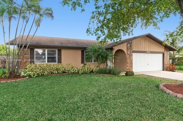 6858 S Congress Ave, Lake Worth, FL 33462 - ranch-style home featuring concrete driveway, an attached garage, a front yard, and stone siding
