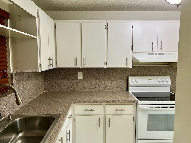 6060 W 21st Ct Unit 205, Hialeah, FL 33016 - kitchen with white electric range, under cabinet range hood, decorative backsplash, and white cabinets