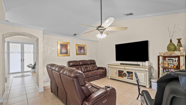 8775 NW 168th St, Miami Lakes, FL 33018 - living room with light tile patterned floors, crown molding, french doors, ceiling fan, and lofted ceiling