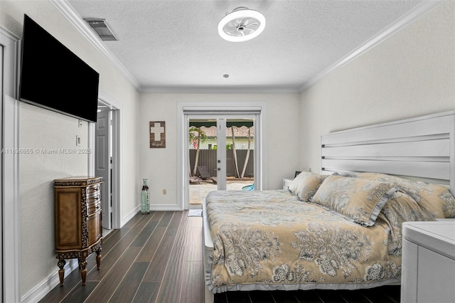 8775 NW 168th St, Miami Lakes, FL 33018 - bedroom with access to outside, dark wood-type flooring, ornamental molding, a textured ceiling, and french doors