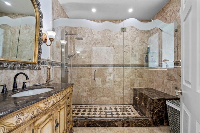 8775 NW 168th St, Miami Lakes, FL 33018 - full bath with a stall shower, vanity, recessed lighting, and tile walls