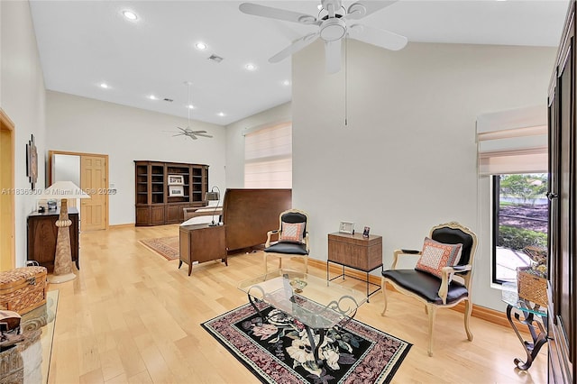 1910 Preston Trl, Coral Springs, FL 33071 - living area featuring a ceiling fan, a high ceiling, light wood finished floors, and recessed lighting