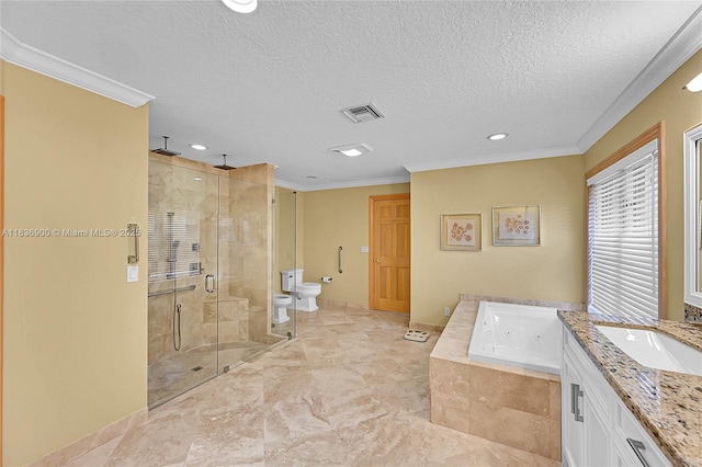 1910 Preston Trl, Coral Springs, FL 33071 - bathroom featuring a shower stall, a whirlpool tub, ornamental molding, a bidet, and a textured ceiling