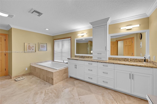 1910 Preston Trl, Coral Springs, FL 33071 - full bathroom with ornamental molding, double vanity, a bath, and a textured ceiling