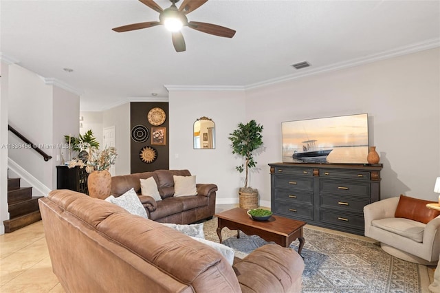 5920 NW 54th Cir, Coral Springs, FL 33067 - living room with a ceiling fan, stairs, ornamental molding, and light tile patterned floors
