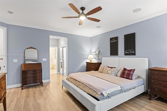5920 NW 54th Cir, Coral Springs, FL 33067 - bedroom with light wood-style floors, ornamental molding, connected bathroom, and ceiling fan