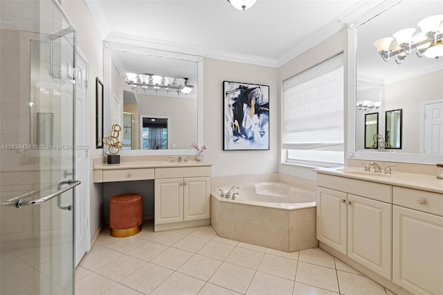 5920 NW 54th Cir, Coral Springs, FL 33067 - bathroom featuring a chandelier, two vanities, a stall shower, a bath, and ornamental molding