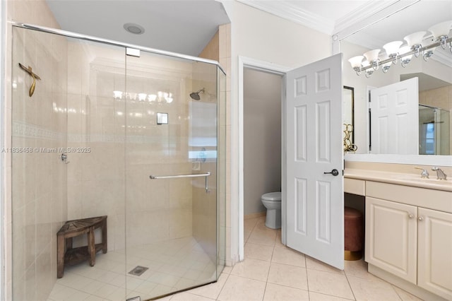 5920 NW 54th Cir, Coral Springs, FL 33067 - bathroom featuring vanity, crown molding, a shower stall, and tile patterned floors
