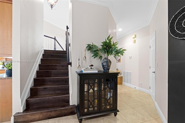 5920 NW 54th Cir, Coral Springs, FL 33067 - stairway featuring ornamental molding, tile patterned floors, and recessed lighting