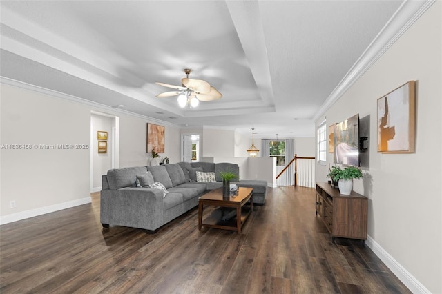 5920 NW 54th Cir, Coral Springs, FL 33067 - living area with a tray ceiling, ceiling fan, dark wood-style flooring, and crown molding