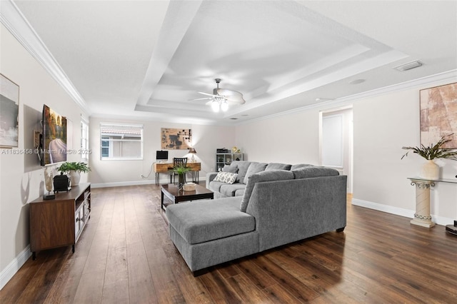 5920 NW 54th Cir, Coral Springs, FL 33067 - living area with a tray ceiling, a ceiling fan, dark wood-style flooring, and ornamental molding