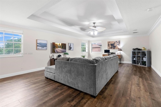 5920 NW 54th Cir, Coral Springs, FL 33067 - living area with a raised ceiling, dark wood-style floors, a ceiling fan, and crown molding
