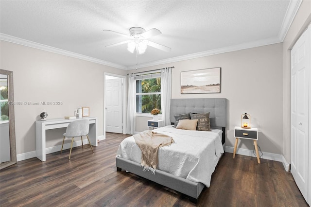 5920 NW 54th Cir, Coral Springs, FL 33067 - bedroom with dark wood-type flooring, ornamental molding, a textured ceiling, and ceiling fan