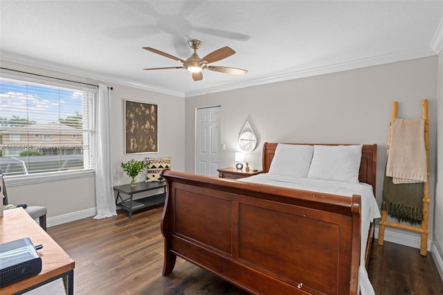5920 NW 54th Cir, Coral Springs, FL 33067 - bedroom featuring ornamental molding, dark wood-type flooring, ceiling fan, and a closet