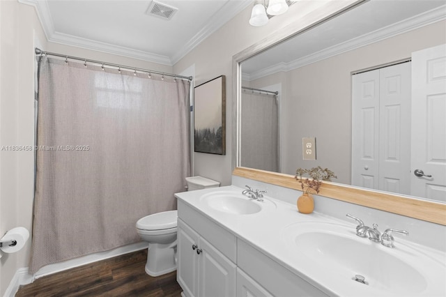 5920 NW 54th Cir, Coral Springs, FL 33067 - full bath with wood finished floors, double vanity, ornamental molding, and shower / tub combo with curtain
