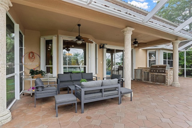 5920 NW 54th Cir, Coral Springs, FL 33067 - view of patio with ceiling fan, area for grilling, a lanai, and an outdoor hangout area