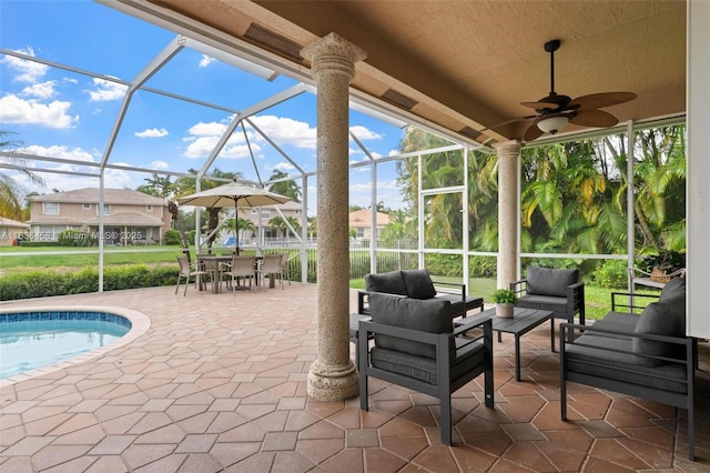 5920 NW 54th Cir, Coral Springs, FL 33067 - view of patio / terrace featuring an outdoor hangout area, a lanai, outdoor dining space, an outdoor pool, and ceiling fan