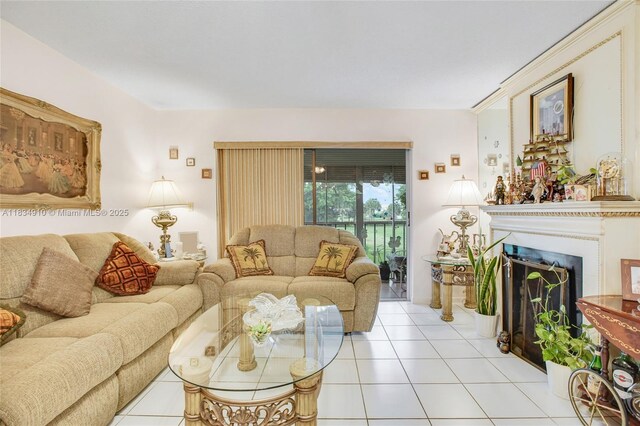 5100 Washington St Unit 211, Hollywood, FL 33021 - living area featuring light tile patterned flooring and a fireplace