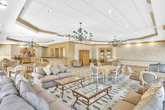 8855 E Collins Ave Unit 2F, Surfside, FL 33154 - living area with a chandelier, crown molding, a tray ceiling, recessed lighting, and carpet floors