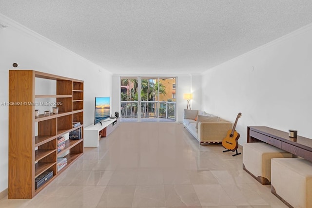 8855 E Collins Ave Unit 2F, Surfside, FL 33154 - living area with ornamental molding, a textured ceiling, and light tile patterned floors