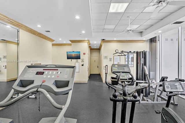 8855 E Collins Ave Unit 2F, Surfside, FL 33154 - exercise room featuring ceiling fan, ornamental molding, and recessed lighting