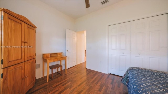 12303 Hollybush Ter, Bradenton, FL 34202 - bedroom featuring dark wood-style floors, a closet, and a ceiling fan