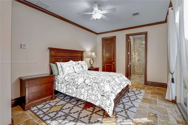 5800 SW 178th Ave, Southwest Ranches, FL 33331 - bedroom with stone tile floors, ornamental molding, ceiling fan, and ensuite bath