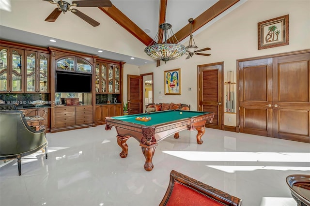 5800 SW 178th Ave, Southwest Ranches, FL 33331 - game room featuring a ceiling fan, billiards table, high vaulted ceiling, recessed lighting, and beam ceiling