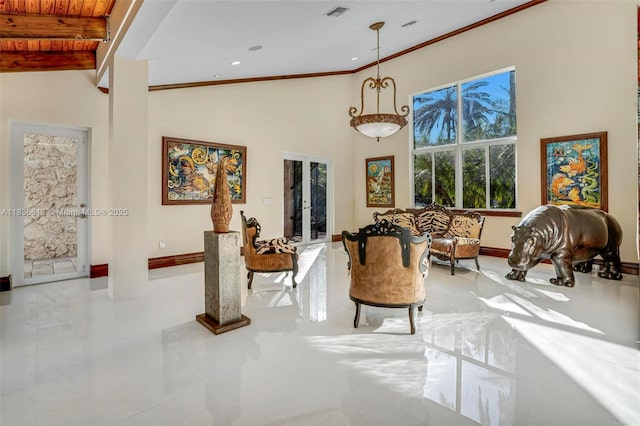 5800 SW 178th Ave, Southwest Ranches, FL 33331 - living area featuring french doors, a towering ceiling, ornamental molding, and beam ceiling