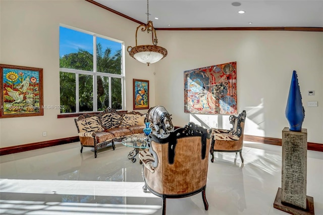 5800 SW 178th Ave, Southwest Ranches, FL 33331 - living area with crown molding, recessed lighting, and a high ceiling