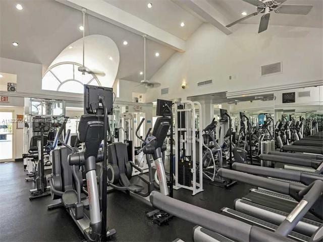3802 NE 207th St Unit 601, Aventura, FL 33180 - workout area with ceiling fan, high vaulted ceiling, beamed ceiling, and recessed lighting