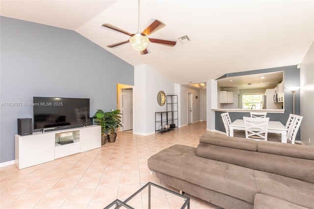2020 Andromeda Ln, Weston, FL 33327 - living area featuring ceiling fan, light tile patterned flooring, and high vaulted ceiling