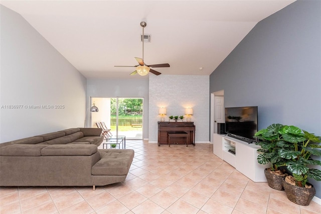 2020 Andromeda Ln, Weston, FL 33327 - living area with ceiling fan, light tile patterned floors, and high vaulted ceiling