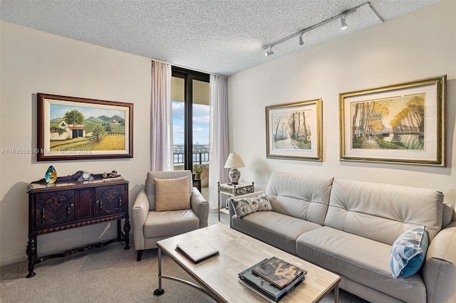 520 Brickell Key Dr Unit A1404, Miami, FL 33131 - living room with light colored carpet, track lighting, and a textured ceiling