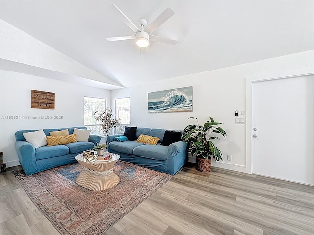 1309 SW 75th Ave, North Lauderdale, FL 33068 - living room featuring light wood-style flooring, vaulted ceiling, and a ceiling fan