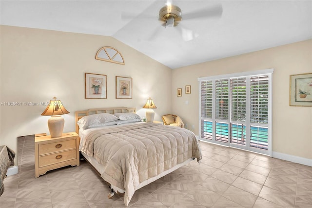 bedroom with access to outside, vaulted ceiling, and a ceiling fan