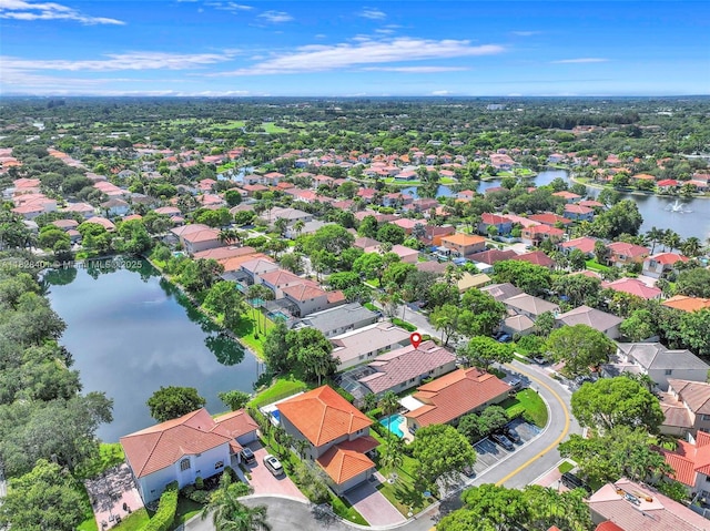 aerial perspective of suburban area with a large body of water